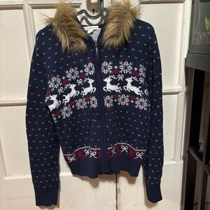 Aeropostale Y2K Winter Fair Isle Reindeer Zip Hoodie with Removable Faux Fur